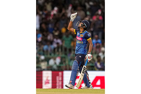 Dunith Wellalage celebrates his half century against India